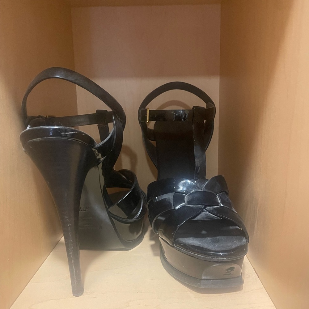 YSL Black Leather Tribute Platform Sandals Size 37.5
